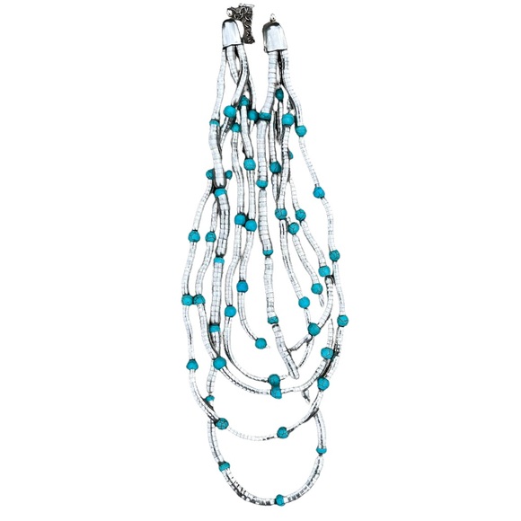 5 Strand Liquid Silver Turquoise Bold Necklace Southwest Style Statement Chunky - Picture 1 of 7